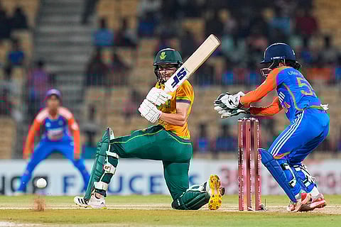 Tazmin Brits plays a shot against India Women